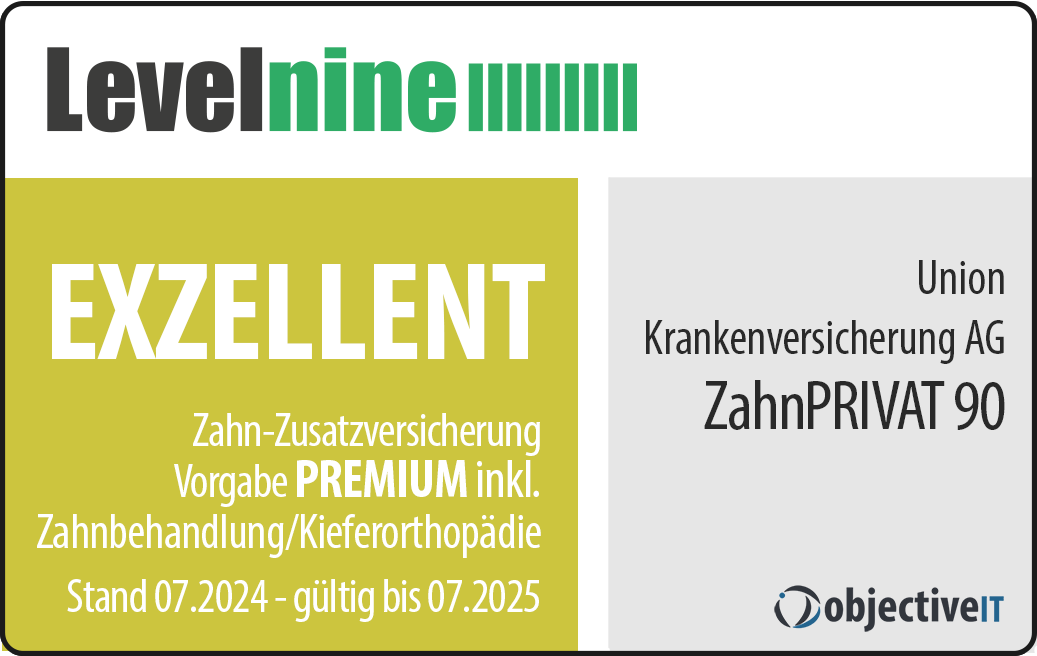 Eine Versicherungskarte für Zahnzusatzversicherung mit dem Titel "EXZELLENT", Angeboten von Union Krankenversicherung AG, gültig bis 07.2025.
