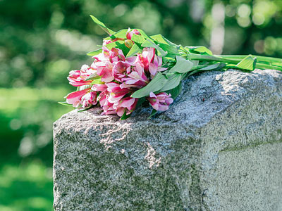 Ein Strauß pinkfarbener Blumen auf einem Grabstein.