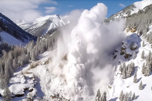 Eine Lawine, die in einer verschneiten Berglandschaft abbricht.