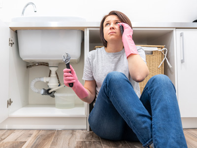 Frau mit pinken Handschuhen sitzt vor Spüle, schaut nachdenklich und hält einen Schraubenschlüssel.