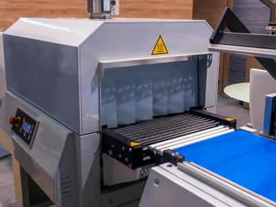 Eine industrielle Heizpresse mit einem Förderband.