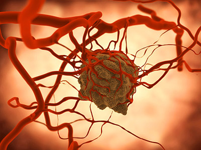 Das Bild zeigt eine künstlerische Darstellung einer Zelle, umgeben von Blutgefäßen.