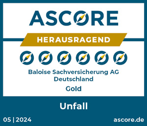 Eine Auszeichnung von ASCOR mit dem Titel "Herausragend" für die Baloise Sachversicherung AG Deutschland im Bereich Unfall, Gold.