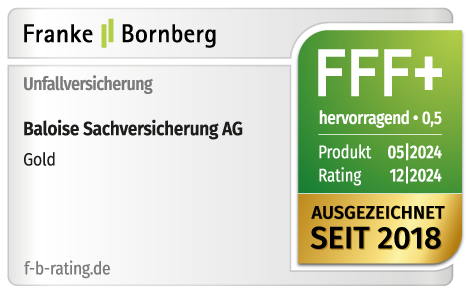 Ein Bewertungssiegel für die Unfallversicherung von Baloise Sachversicherung AG, ausgezeichnet mit "FFF+", Note 0,5, gültig bis 12/2024.