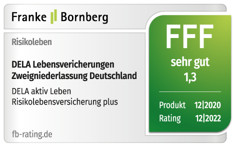 Bewertung der DELA Lebensversicherungen von Franke & Bornberg: sehr gut (1,3) für Risiko-Leben Produkte.