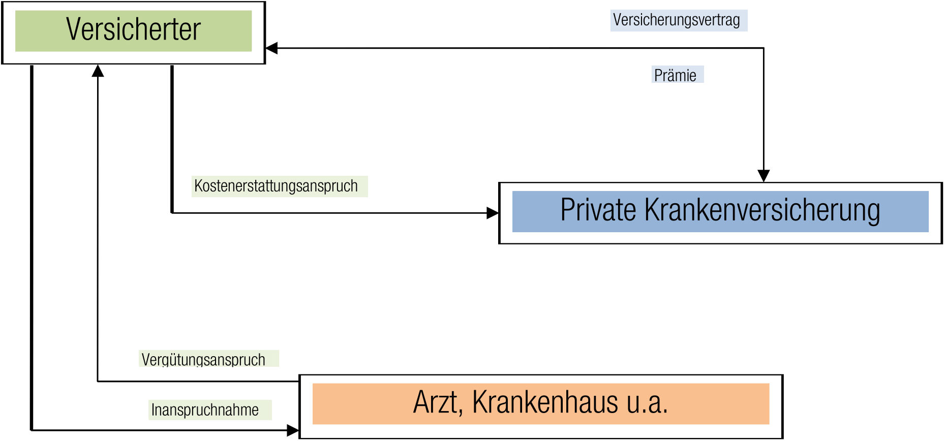Diagramm zur privaten Krankenversicherung mit Verbindungen zwischen Versicherter, Versicherungsvertrag, Prämie, Kostenerstattungsanspruch sowie Ärzten und Krankenhäusern.