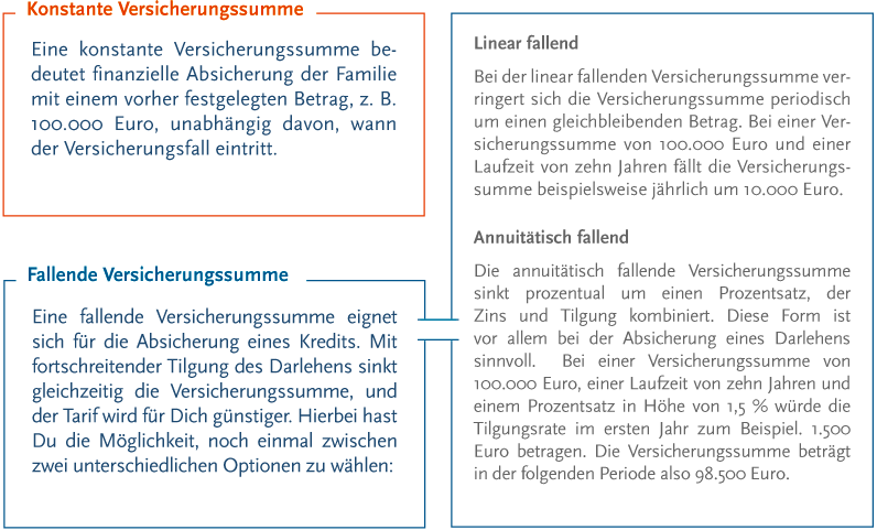 Text über Versicherungssummen: Konstante Versicherungssumme und fallende Versicherungssumme, mit Erklärungen zu linearem und annuitärem Abfall.