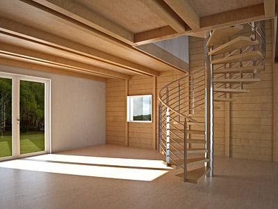 Innenraum mit Holzwänden, großen Fenstern und einer modernen Wendeltreppe.