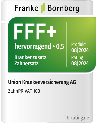 Bewertungssiegel für die Union Krankenversicherung AG, Produkt ZahnPRIVAT 100, mit der Note FFF+ und Hervorragend 0,5.