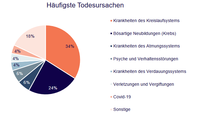 Ein Diagramm, das die häufigsten Todesursachen zeigt: Krankheiten des Kreislaufsystems (34%), bösartige Neubildungen (24%), Krankheiten des Atmungssystems (18%), Psychische und Verhaltensstörungen (6%), Krankheiten des Verdauungssystems (6%), Verletzungen und Vergiftungen (4%), Covid-19 (4%) sowie Sonstige Ursachen (4%).