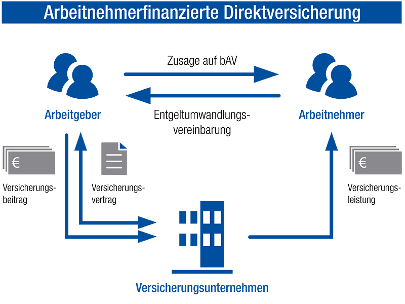 Diagramm zur Arbeitnehmerfinanzierten Direktversicherung mit finanziellen Aspekten und Zeichnungen von Geldsymbolen.