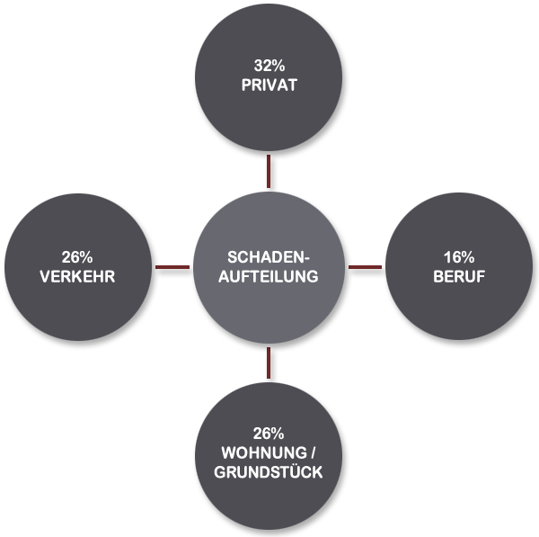 Diagramm zur Schadenaufteilung: 32% privat, 26% Verkehr, 26% Wohnung/Grundstück, 16% Beruf.