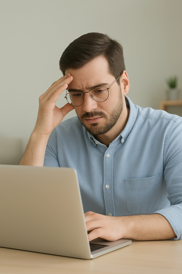 Ein Mann sitzt am Tisch und sieht konzentriert auf einen Laptop, während er sich mit der Hand an die Stirn fasst.