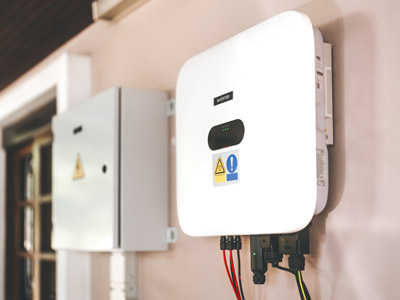 Ein Wechselrichter, der an einer Wand montiert ist, neben einem anderen elektrischen Gerät.