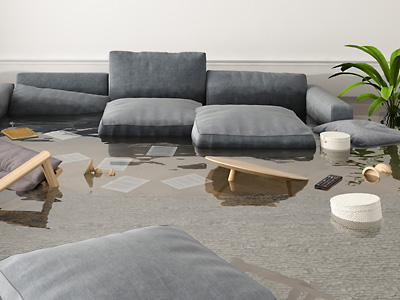 Ein Wohnzimmer mit einem Sofa, das teilweise im Wasser steht. Der Boden ist überflutet, umgeben von Kissen, Notizen und anderen Gegenständen. Eine Pflanze ist ebenfalls sichtbar.
