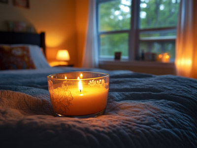 Eine brennende Kerze auf einem Bett in einem gemütlichen Schlafzimmer mit Fenster und sanfter Beleuchtung.