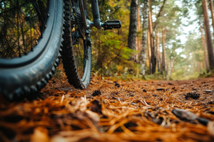 Ein Mountainbikereifen auf einem Waldweg mit Nadelboden.