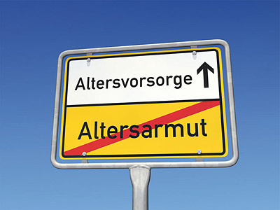 Ein Verkehrsschild mit den Begriffen "Altersvorsorge" und "Altersarmut".