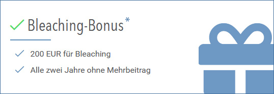 Text über einen Bleaching-Bonus mit den Informationen: 200 EUR für Bleaching und alle zwei Jahre ohne Mehrbeitrag. Ein Geschenk-Icon ist abgebildet.