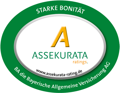 Logo von Assekurata mit der Aufschrift "Starke Bonität" und der Webseite www.assekurata-rating.de.