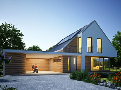 Ein modernes Haus mit Holzverkleidung, einer Veranda und einem Motorrad im Carport.