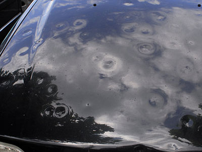 Eine schwarze Autokarosserie mit Dellen, die durch Hagel verursacht wurden.