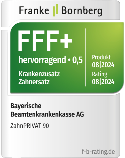 Bewertungssiegel für eine Zahnzusatzversicherung mit der Note FFF+ (hervorragend, 0,5), ausgestellt von Franke & Bornberg für die Bayerische Beamtenkrankenkasse AG, Produkt ZahnPRIVAT 90, gültig bis 08/2024.