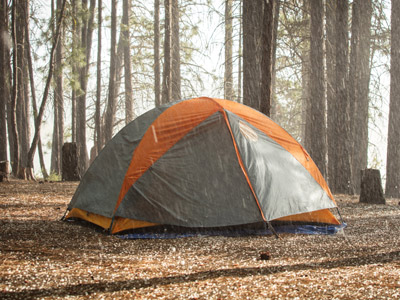 Ein Zelt in einem Wald, umgeben von Bäumen und leichtem Regen.