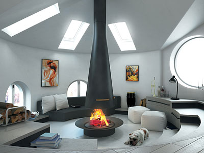 Ein moderner, runder Wohnraum mit einem zentralen Kamin, bequemen Sitzmöbeln, Kunstwerken an den Wänden und einem Hund auf dem Boden.