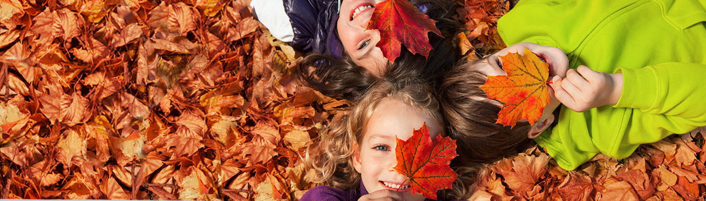 Drei Kinder liegen in einem Haufen aus Herbstblättern und halten bunte Blätter vor ihre Gesichter.